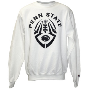 white crew sweatshirt with navy Penn State arched above stylized football graphic and Athletic Logo